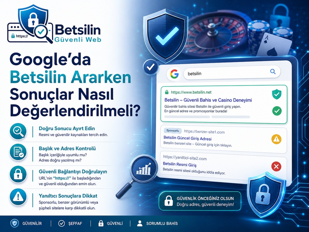 Google’da Betsilin ararken arama sonuçlarını ve sahte site risklerini değerlendirme görseli