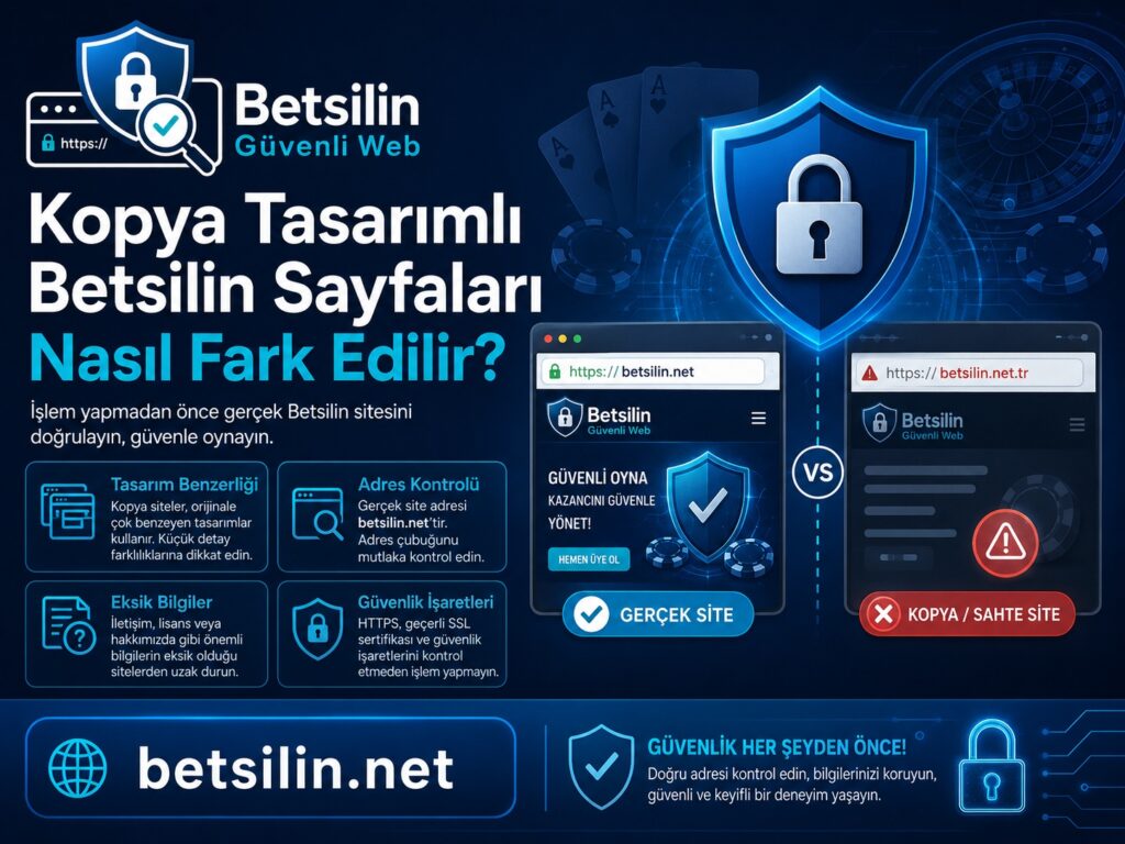 Kopya Betsilin sitelerini tasarım, alan adı ve final URL kontrolüyle ayırt etmeyi anlatan güvenlik görseli