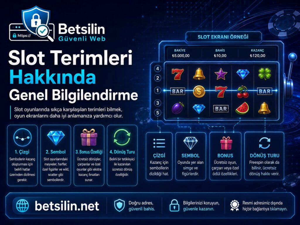 Slot terimleri, reel, payline, wild ve scatter kavramlarını anlatan betsilin bilgilendirme görseli